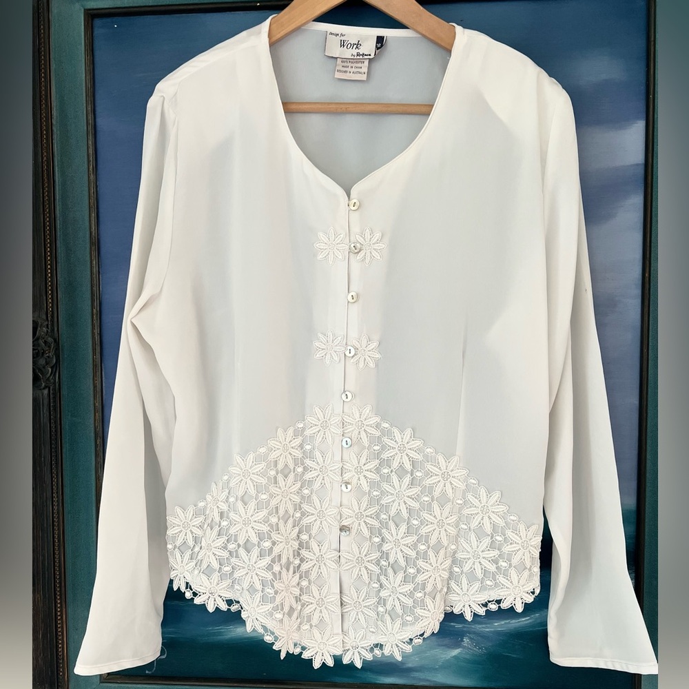 Vintage Rockmans Australia 1980s Cream Ivory Blouse Top Shoulder Pads Embroidery